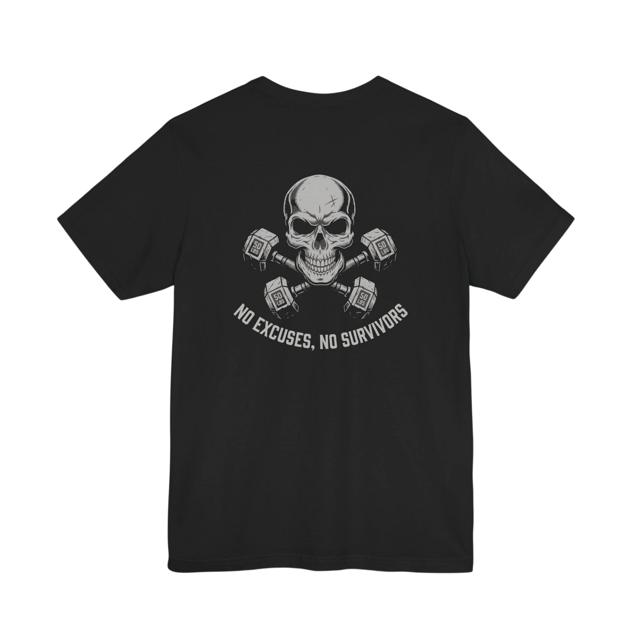 DailyThreadCo. black crew-neck fitness t-shirt featuring a back graphic of a skull with crossed dumbbells.