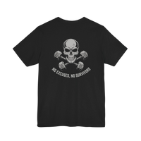 DailyThreadCo. black crew-neck fitness t-shirt featuring a back graphic of a skull with crossed dumbbells.