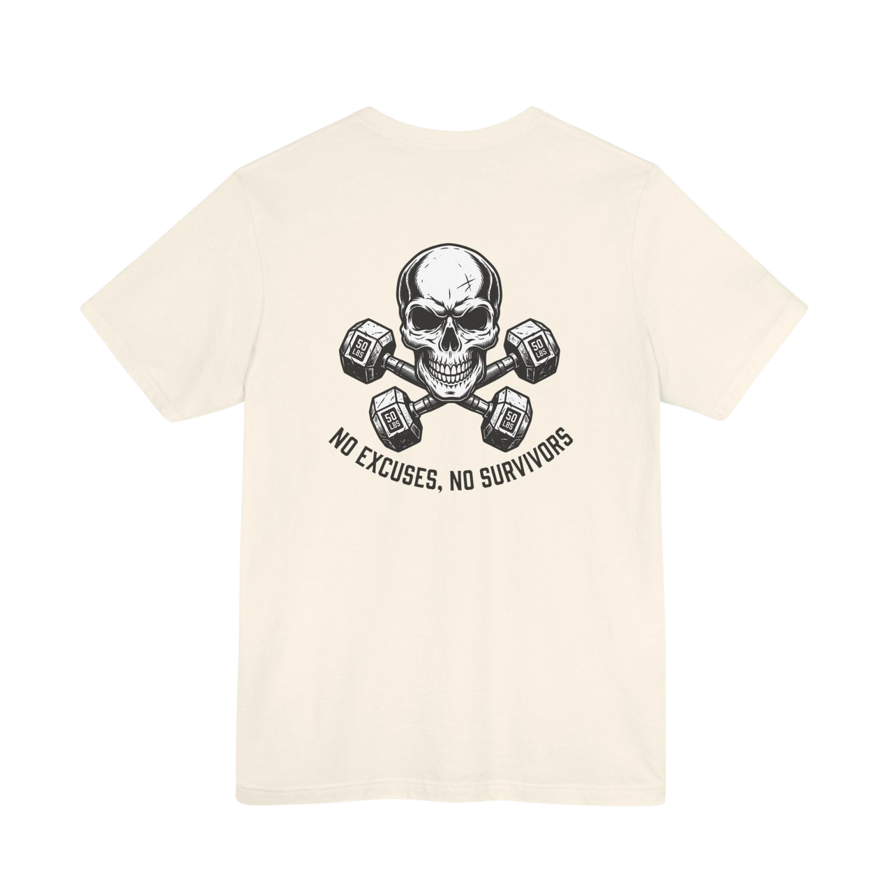 DailyThreadCo. cream crew-neck fitness t-shirt featuring a skull and crossed dumbbells graphic on the back.