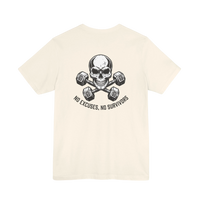 DailyThreadCo. cream crew-neck fitness t-shirt featuring a skull and crossed dumbbells graphic on the back.