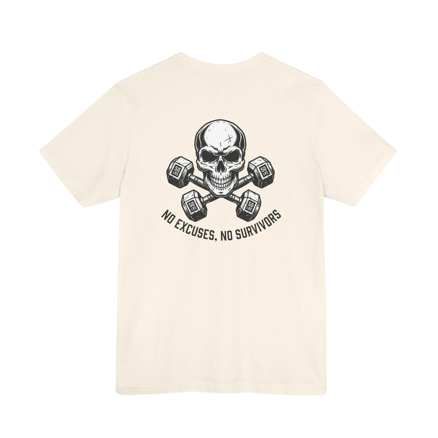 DailyThreadCo. cream crew-neck fitness t-shirt featuring a skull and crossed dumbbells graphic on the back.