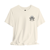 DailyThreadCo. lightweight cream crew-neck fitness t-shirt featuring a skull and dumbbells graphic on the chest.