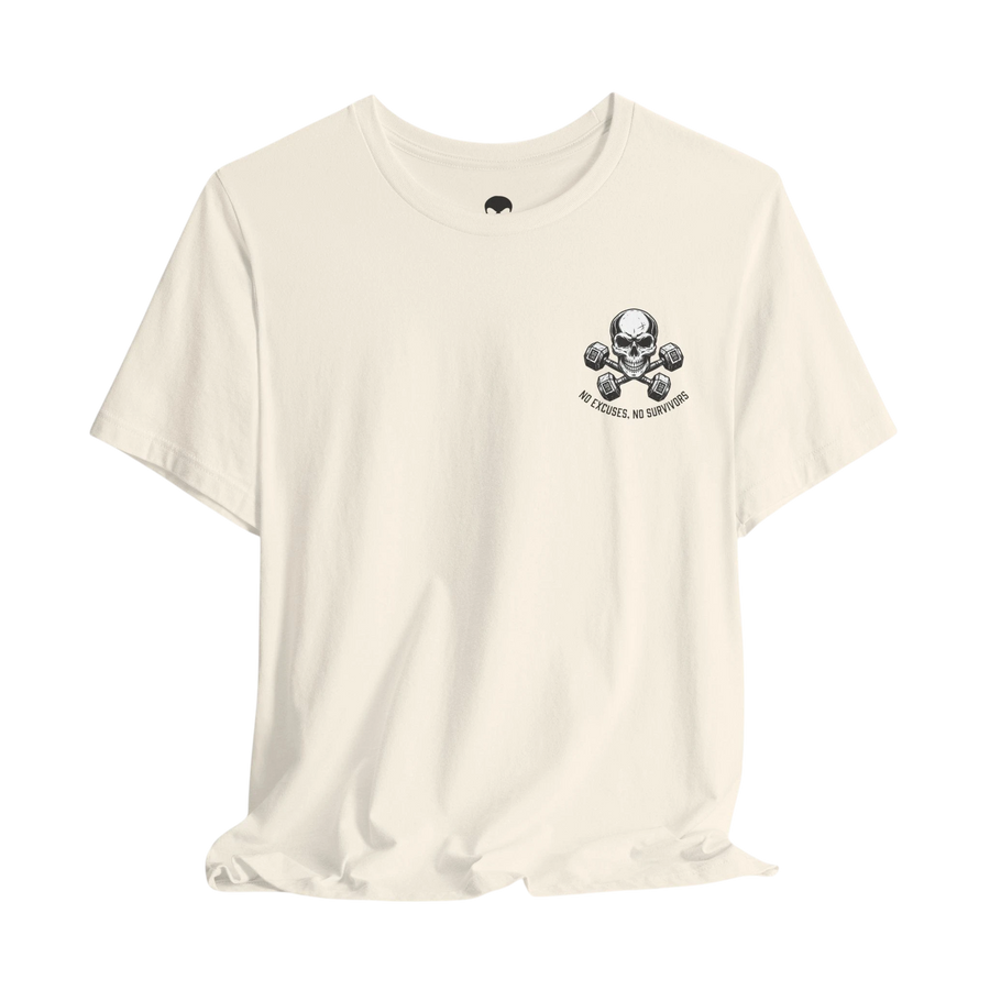 DailyThreadCo. lightweight cream crew-neck fitness t-shirt featuring a skull and dumbbells graphic on the chest.