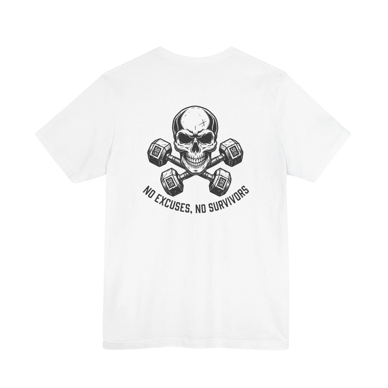 DailyThreadCo. white 100% Airlume cotton t-shirt with a skull and crossed dumbbells graphic and "No Excuses, No Survivors" text.