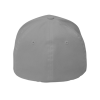 DailyThreadCo. structured Flexfit cap with a distressed skull embroidery and silver undervisor in a mid-profile design.