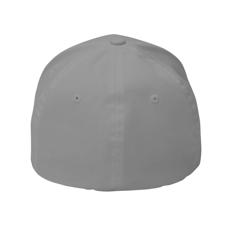 DailyThreadCo. structured Flexfit cap with a distressed skull embroidery and silver undervisor in a mid-profile design.