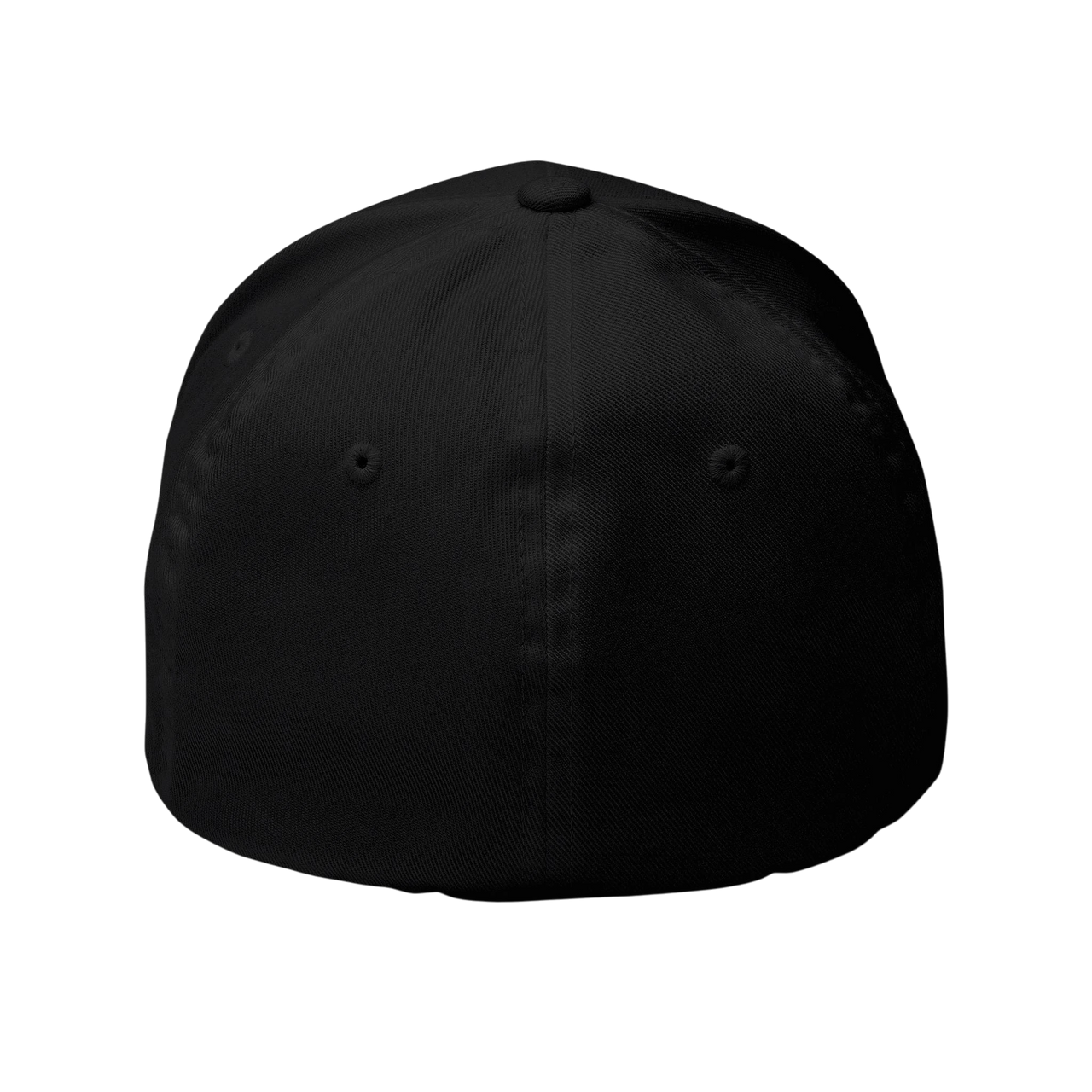 DailyThreadCo. black structured Flexfit cap with a distressed skull embroidery and silver undervisor.