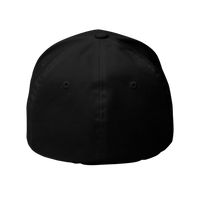 DailyThreadCo. black structured Flexfit cap with a distressed skull embroidery and silver undervisor.