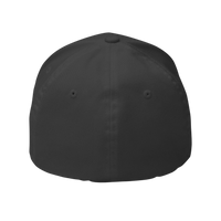 DailyThreadCo. structured black Flexfit cap with a distressed skull embroidery and curved visor.