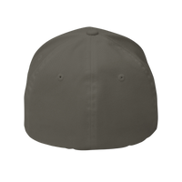 DailyThreadCo. structured flexfit cap in dark grey twill with a curved visor and embroidered skull design.