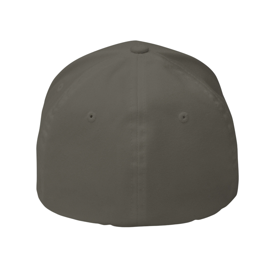 DailyThreadCo. structured flexfit cap in dark grey twill with a curved visor and embroidered skull design.