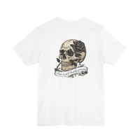 DailyThreadCo. white cotton t-shirt with a graphic print of a skull with a rose and the text 