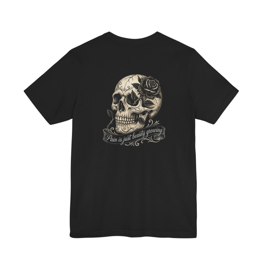 DailyThreadCo. black 100% cotton t-shirt with a detailed graphic of a skull adorned with a rose and a banner reading "Pain is just beauty growing".