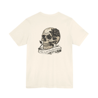 DailyThreadCo. cream 100% cotton graphic tee with a vintage skull and rose design, featuring the text 