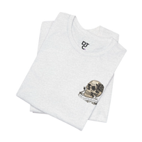 DailyThreadCo. light heather grey 100% cotton graphic tee with a skull and rose design over the heart.