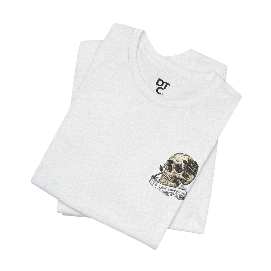 DailyThreadCo. light heather grey 100% cotton graphic tee with a skull and rose design over the heart.