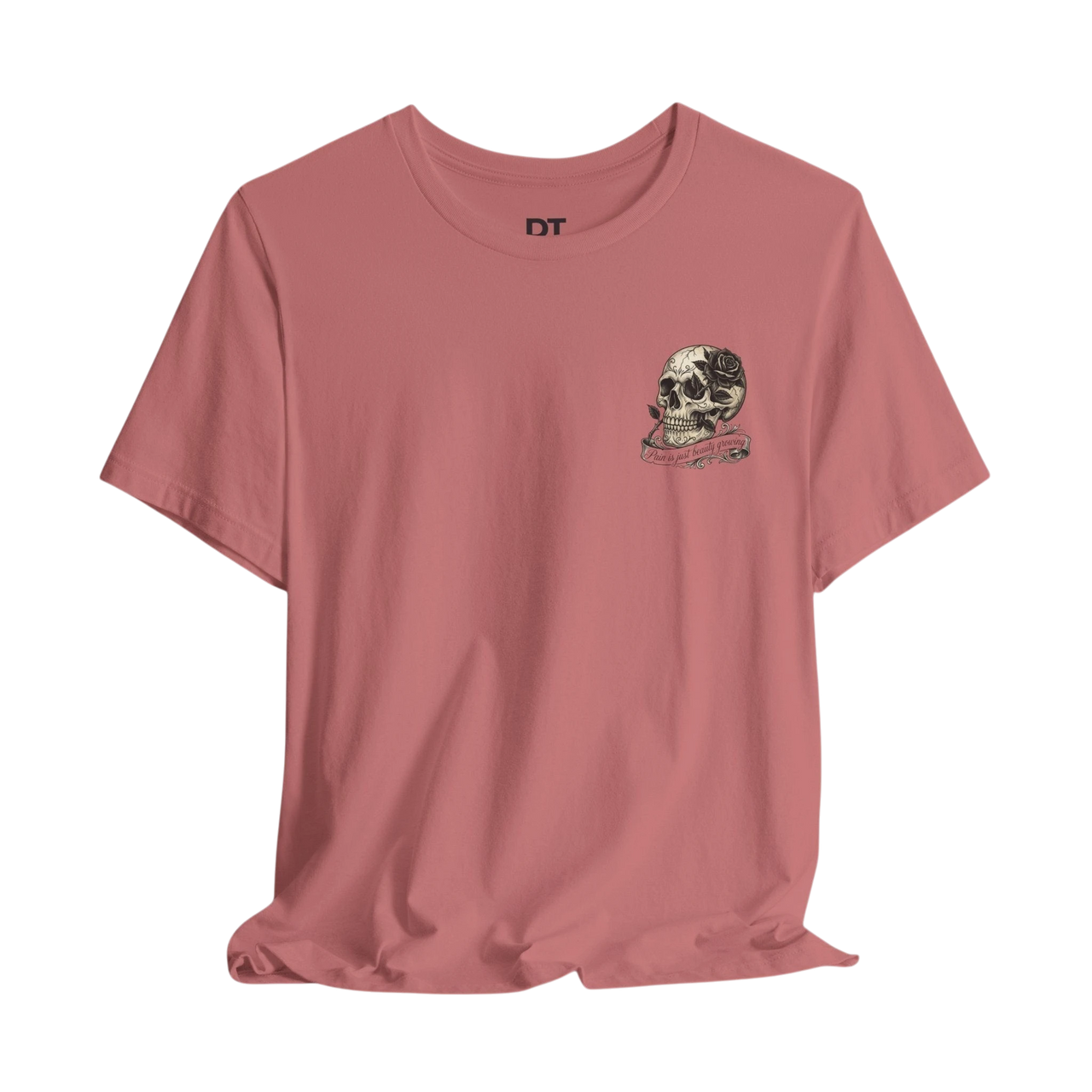 DailyThreadCo. dusty rose 100% cotton crew neck t-shirt with a hand-drawn skull and rose graphic on the left chest.