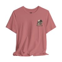 DailyThreadCo. dusty rose 100% cotton crew neck t-shirt with a hand-drawn skull and rose graphic on the left chest.