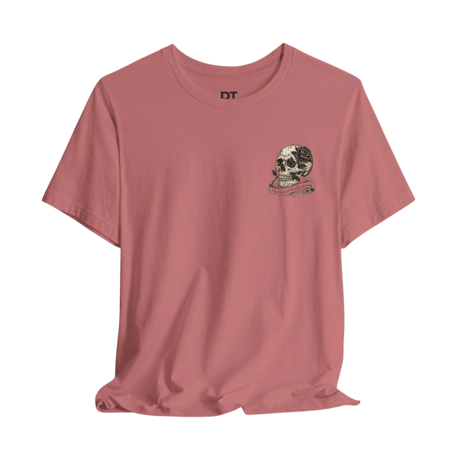 DailyThreadCo. dusty rose 100% cotton crew neck t-shirt with a hand-drawn skull and rose graphic on the left chest.