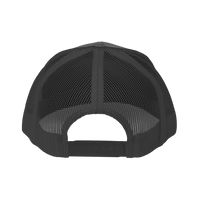DailyThreadCo. black trucker cap with breathable mesh back panels and adjustable plastic snapback closure.