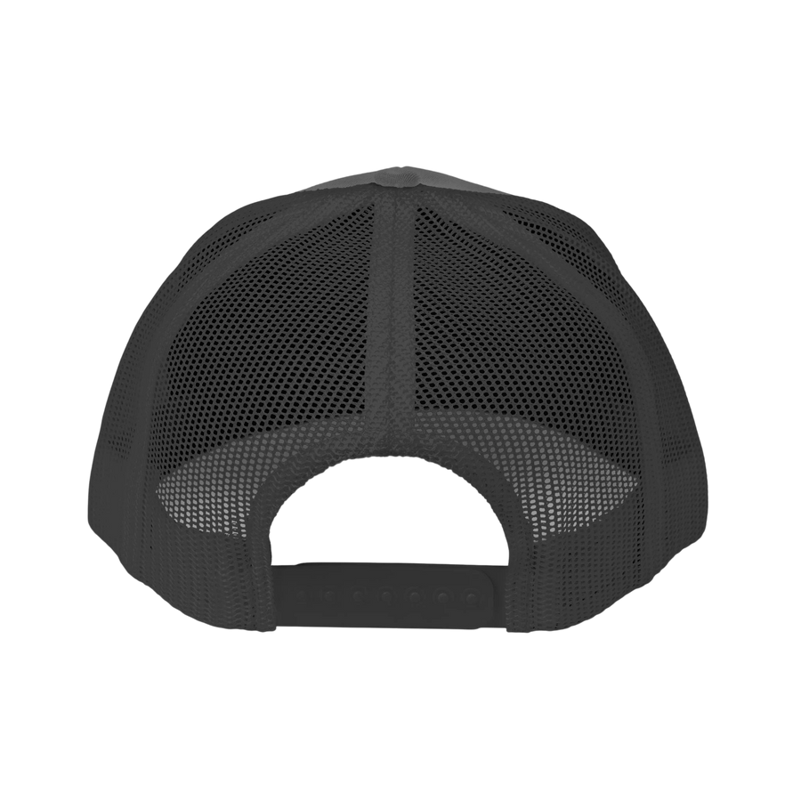 DailyThreadCo. black trucker cap with breathable mesh back panels and adjustable plastic snapback closure.