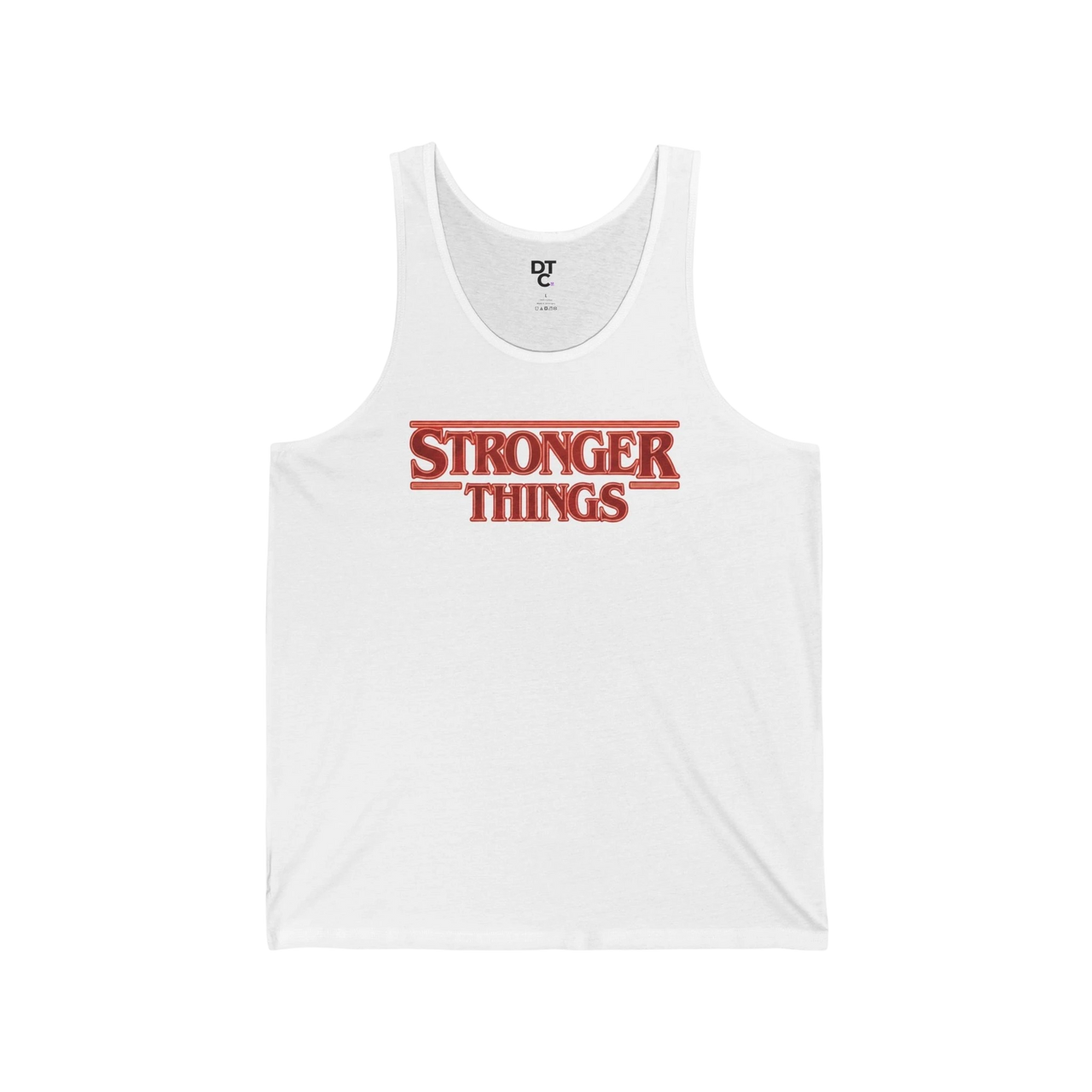 DailyThreadCo. white cotton tank top with bold red "STRONGER THINGS" retro logo print. Lightweight, retail fit.