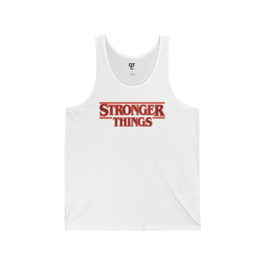 DailyThreadCo. white cotton tank top with bold red "STRONGER THINGS" retro logo print. Lightweight, retail fit.