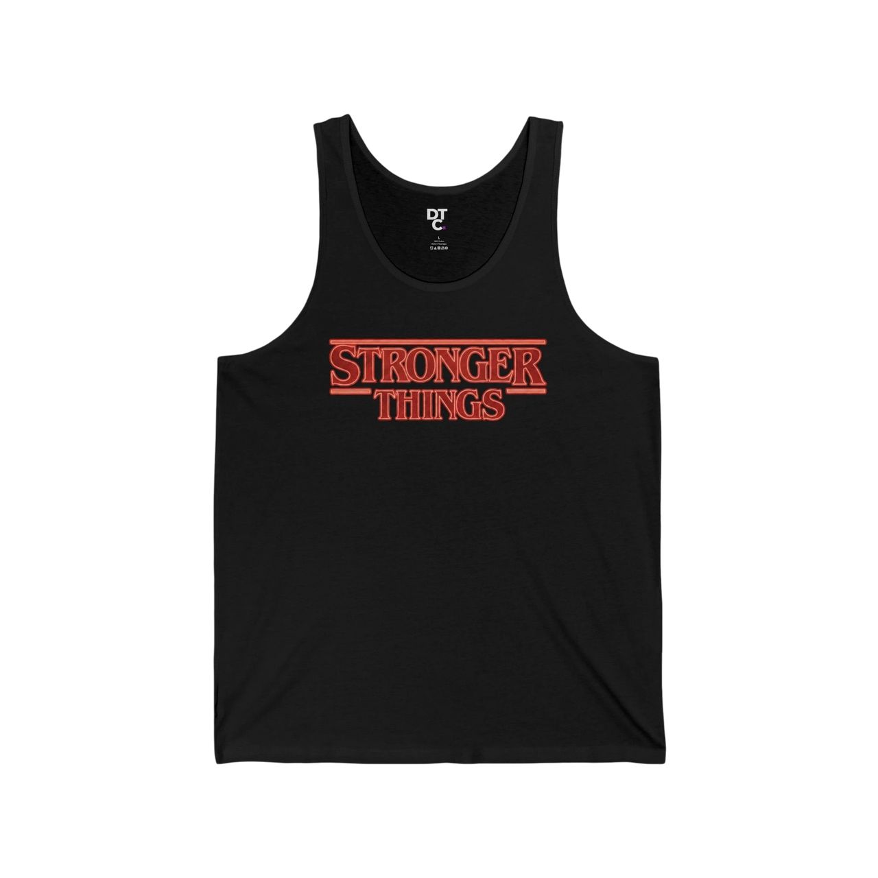 DailyThreadCo. black cotton tank top with red retro "STRONGER THINGS" chest print. Lightweight, retail fit.