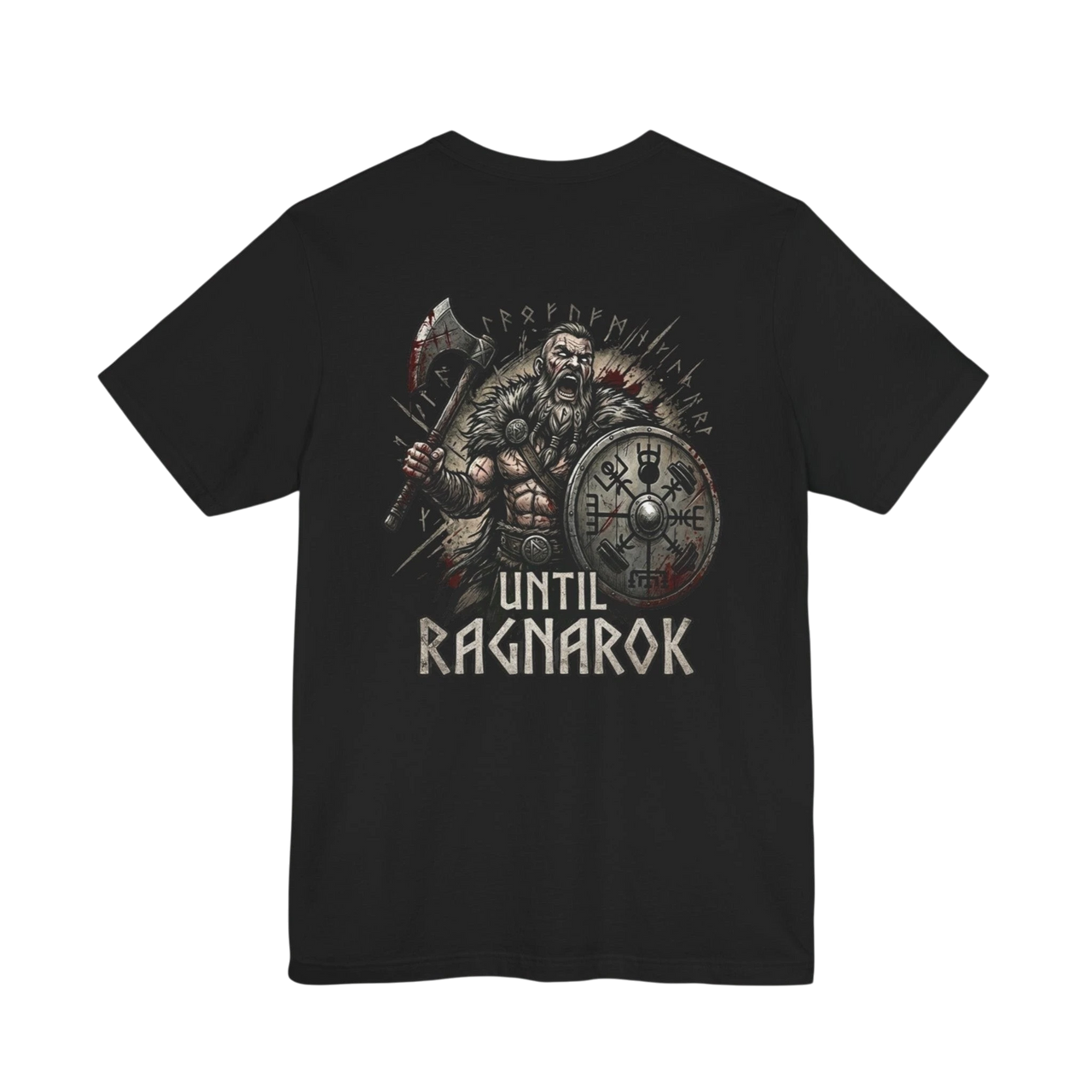 DailyThreadCo. black 100% cotton t-shirt with a Viking warrior graphic and "Until Ragnarok" text.