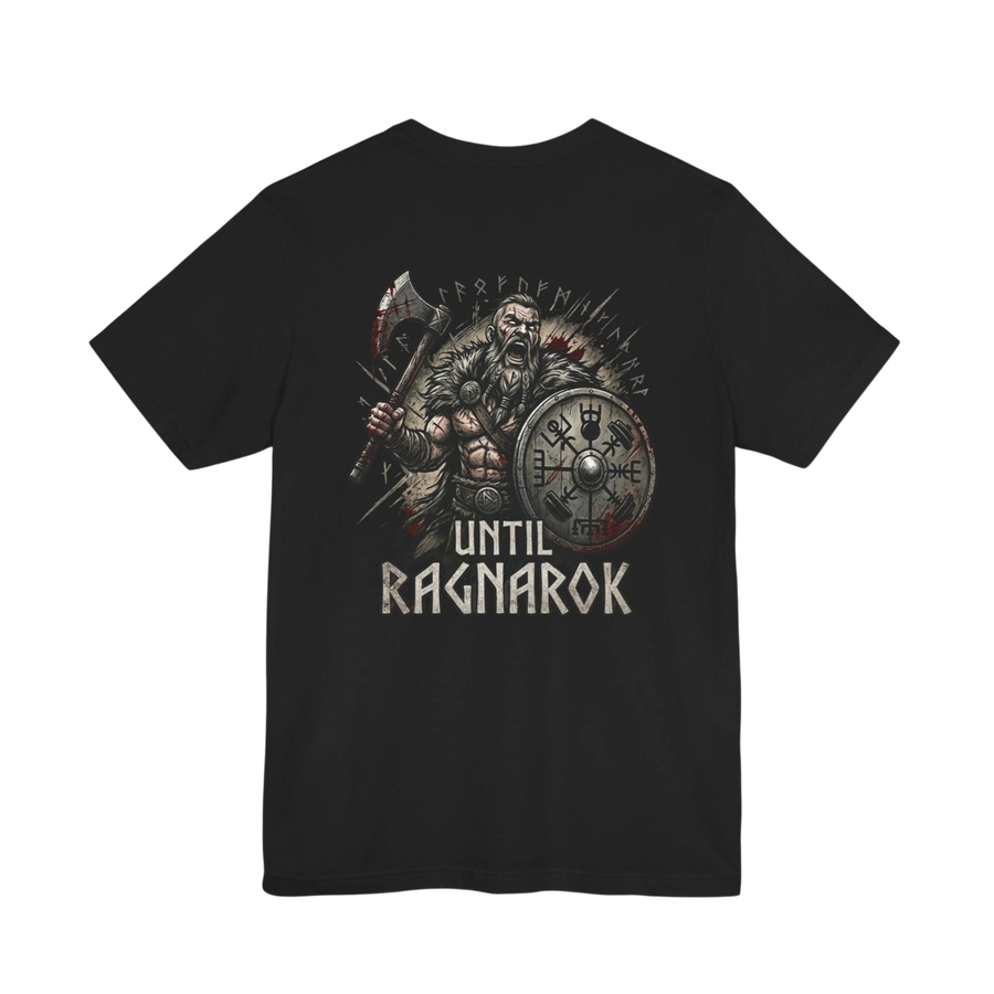 DailyThreadCo. black 100% cotton t-shirt with a Viking warrior graphic and "Until Ragnarok" text.
