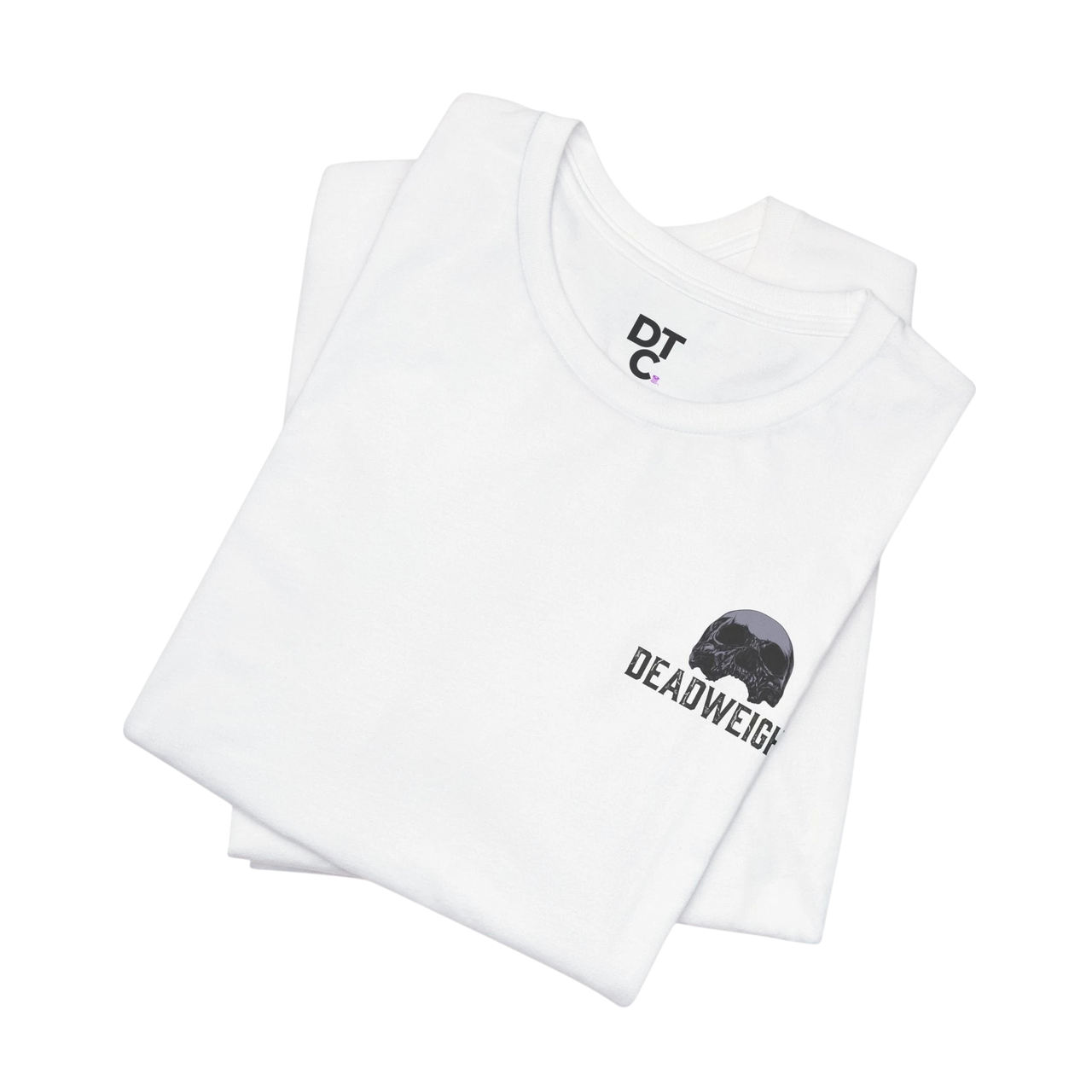 DailyThreadCo. white 100% cotton graphic t-shirt with a small chest print of a skull and the text 'DEADWEIGH'.