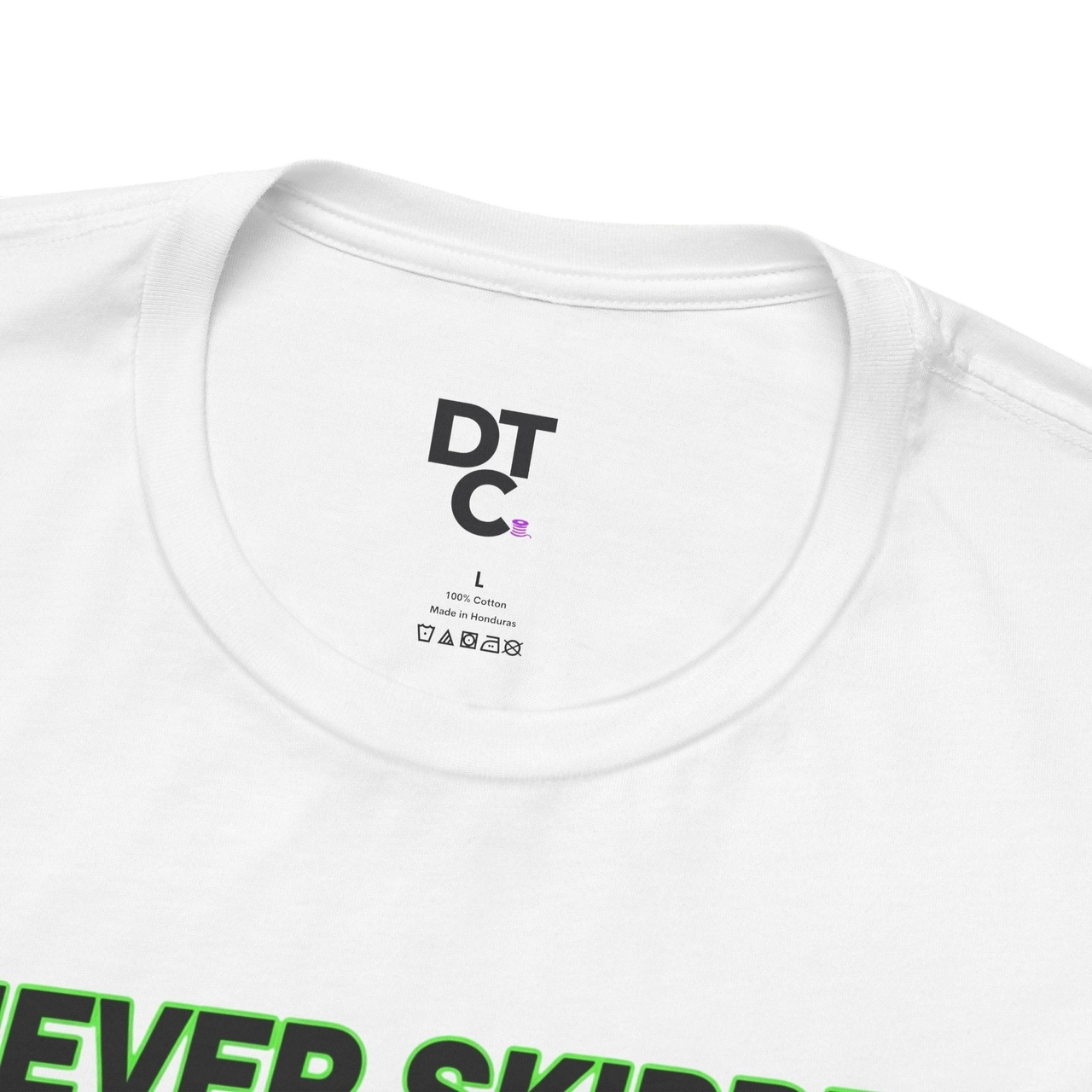 DailyThreadCo. white 100% cotton t-shirt with a graphic print of a pigeon and text "NEVER SKIPPED CHEST DAY".