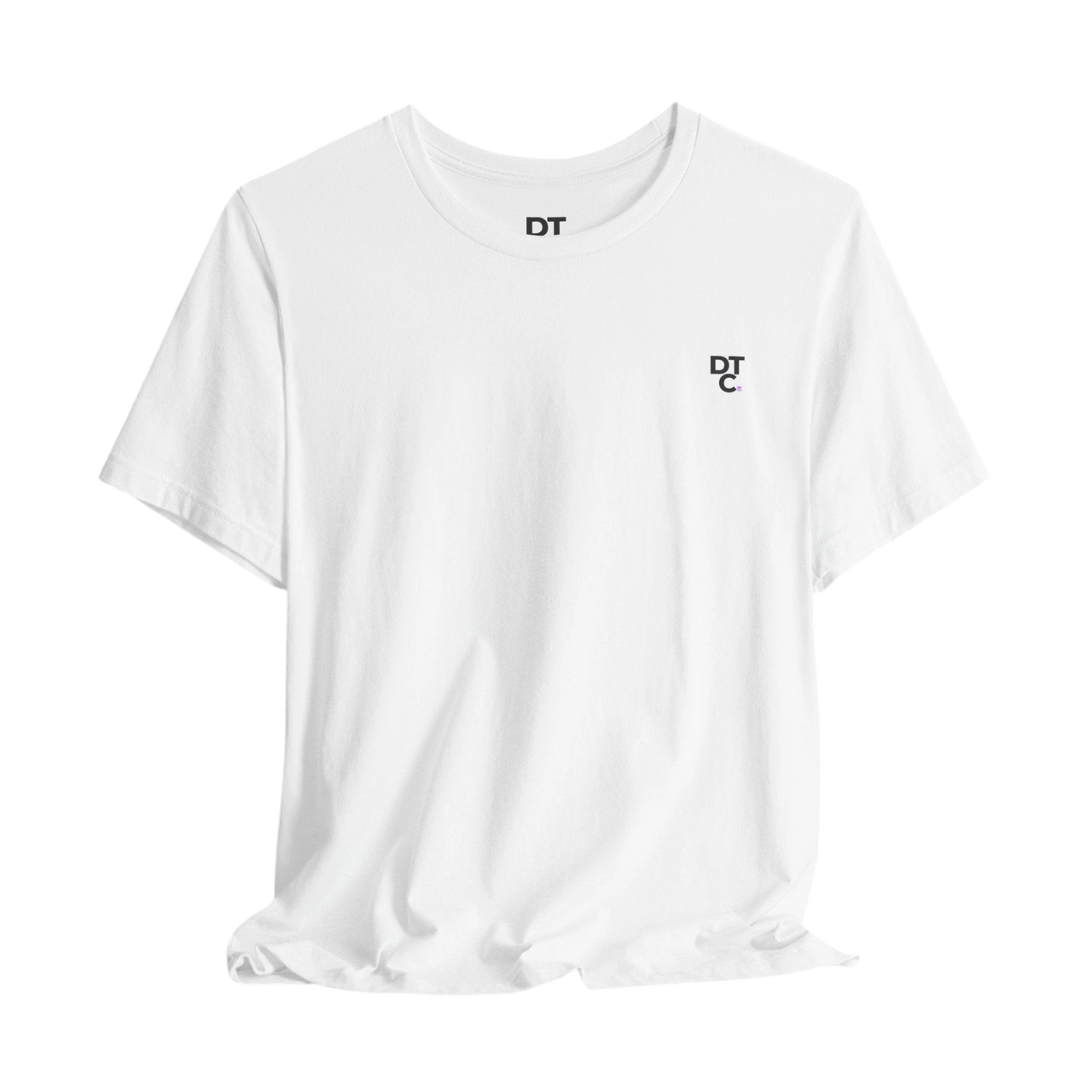 DailyThreadCo. white 100% cotton t-shirt with crew neck and small black DT logo on chest.