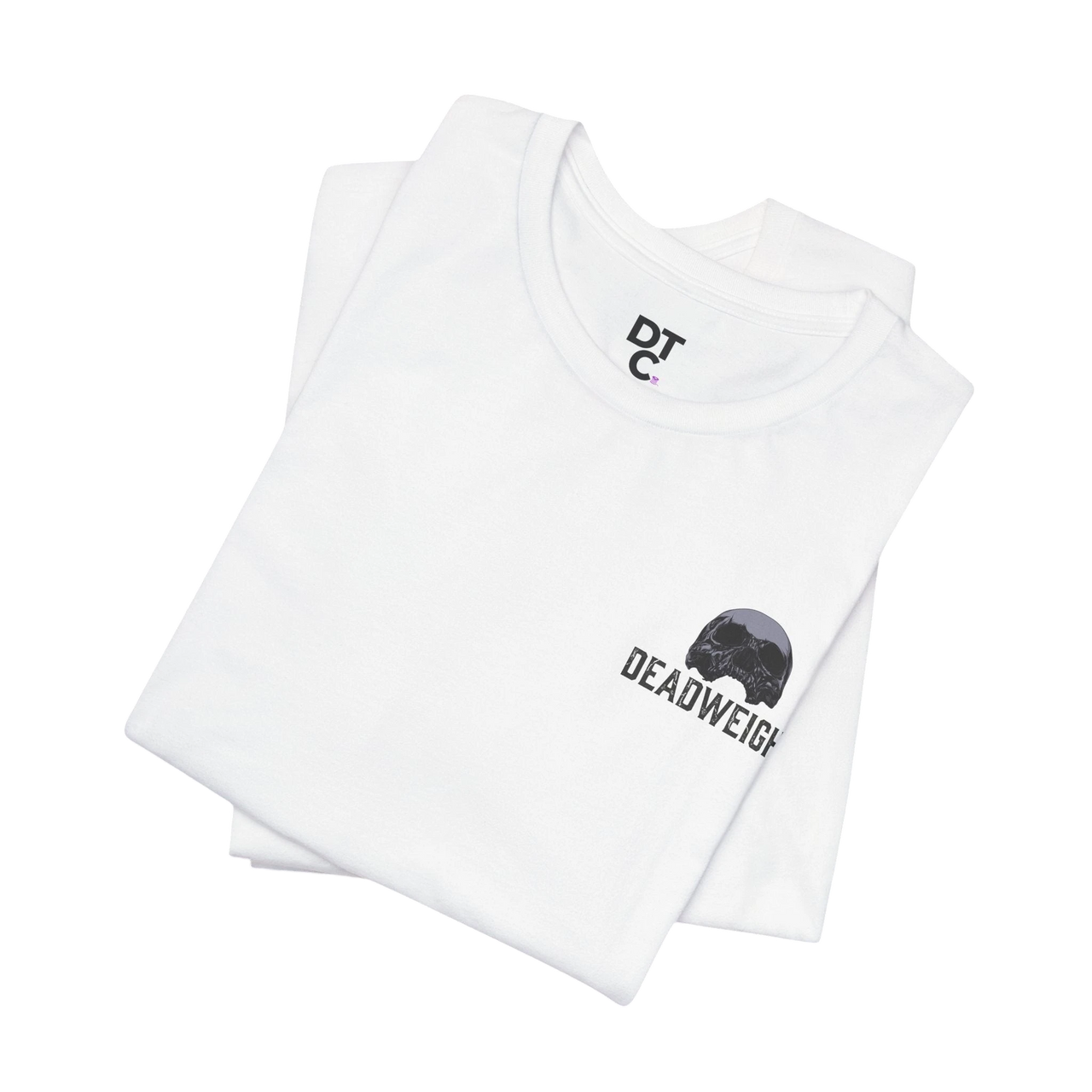 DailyThreadCo. white 100% cotton t-shirt with distressed skull graphic and "DEADWEIGHT" text on chest.