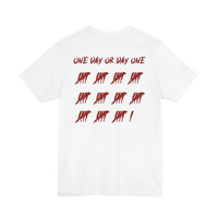 DailyThreadCo. white cotton t-shirt featuring a red One Day or Day One graphic with tally marks on the back.