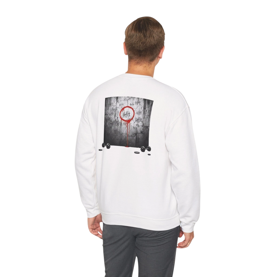 DailyThreadCo. white crewneck sweatshirt with a graphic back print of tally marks and a red circle. Cotton-blend fabric.