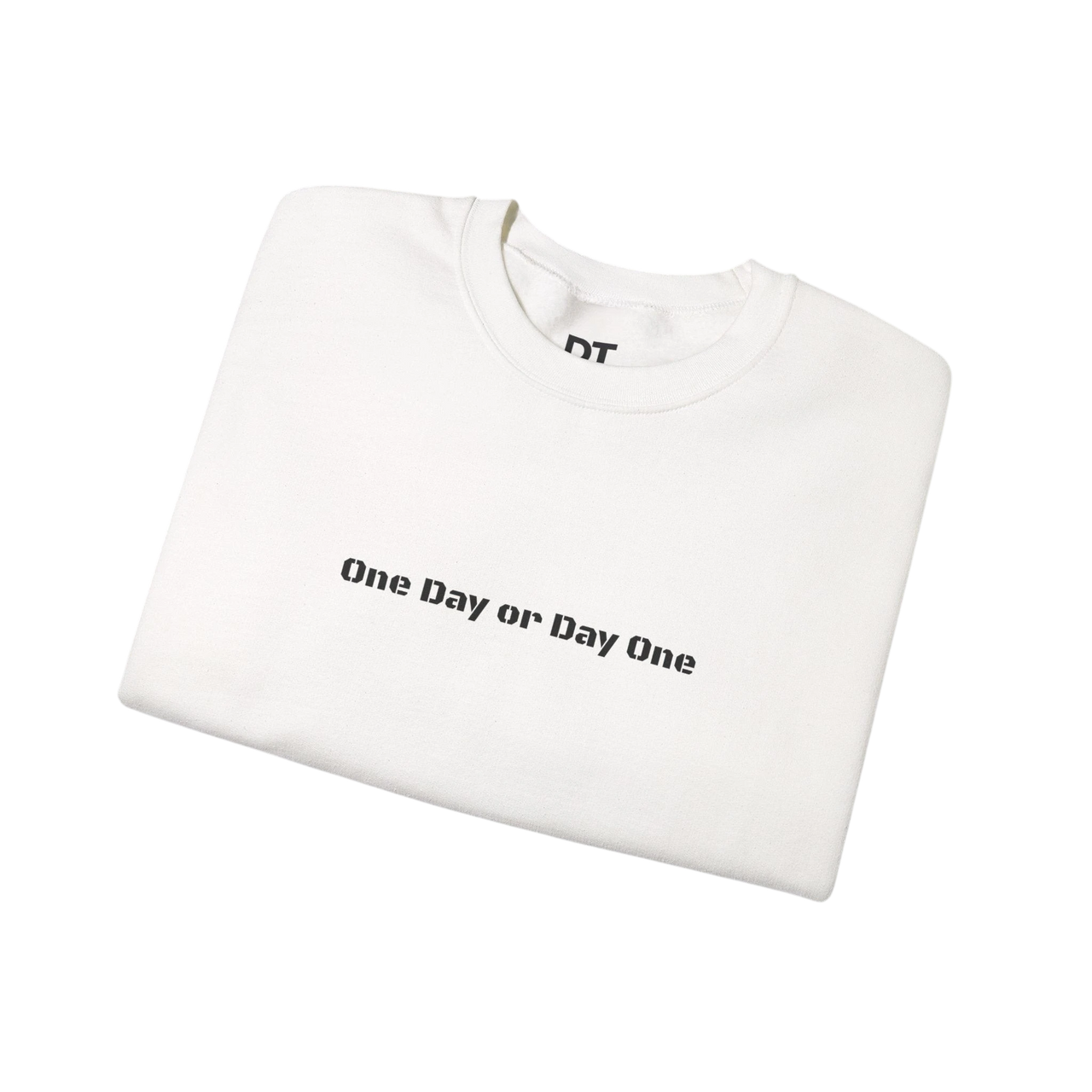 DailyThreadCo. white crewneck sweatshirt with black "One Day or Day One" text graphic on front and DT label on collar.