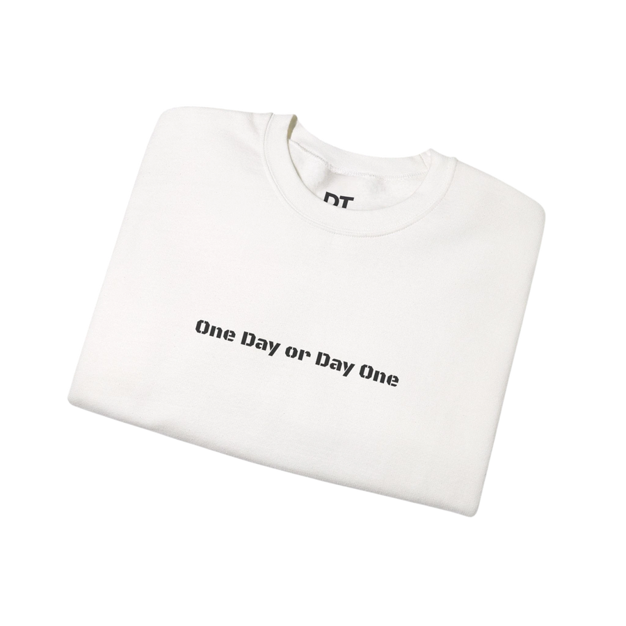 DailyThreadCo. white crewneck sweatshirt with black "One Day or Day One" text graphic on front and DT label on collar.