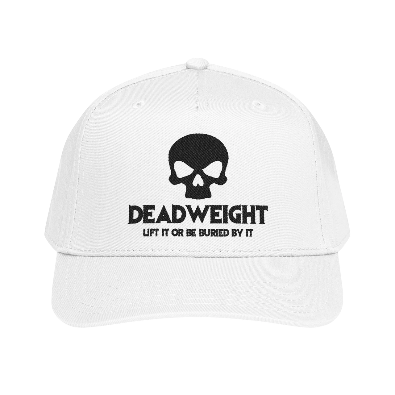DailyThreadCo. white structured baseball cap with black embroidered skull graphic and Deadweight text on front panel.
