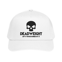 DailyThreadCo. white structured baseball cap with black embroidered skull graphic and Deadweight text on front panel.