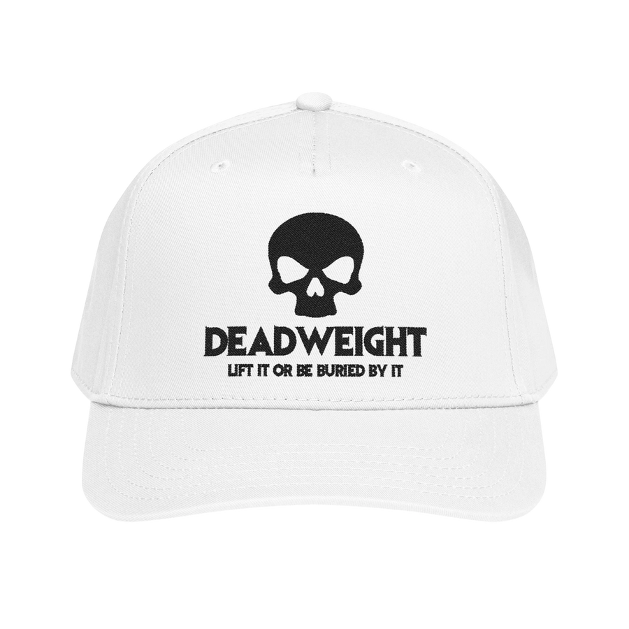 DailyThreadCo. white structured baseball cap with black embroidered skull graphic and Deadweight text on front panel.