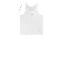 DailyThreadCo. white fitness tank top with measurement guides for length, width, and arm opening.
