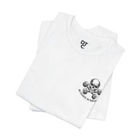DailyThreadCo. white 100% Airlume cotton crew neck t-shirt with a small skull and dumbbells graphic on the chest.