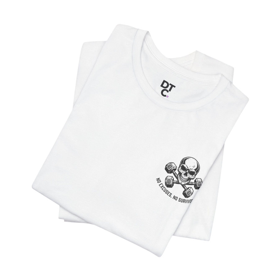 DailyThreadCo. white 100% Airlume cotton crew neck t-shirt with a small skull and dumbbells graphic on the chest.