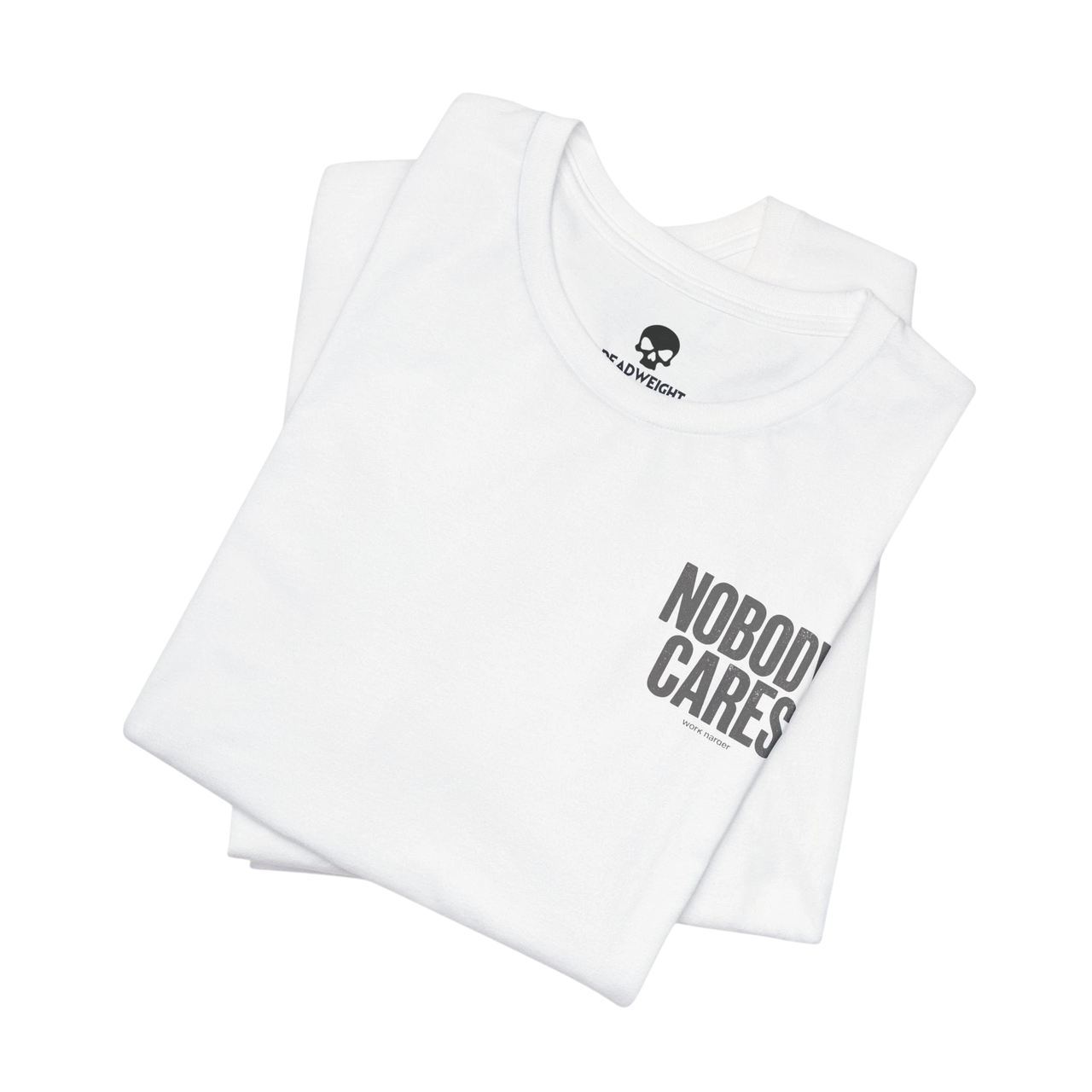 DailyThreadCo. white cotton graphic t-shirt with Nobody Cares print, featuring a crew neck and retail fit.