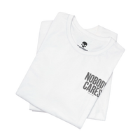 DailyThreadCo. white cotton graphic t-shirt with Nobody Cares print, featuring a crew neck and retail fit.