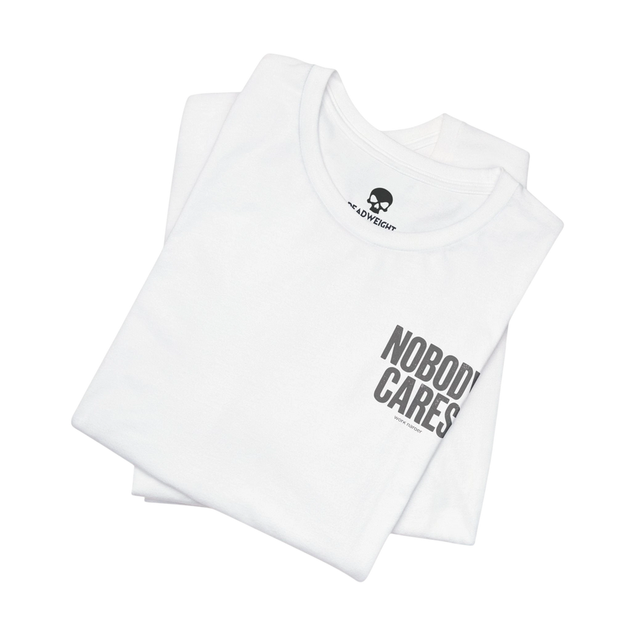 DailyThreadCo. white cotton graphic t-shirt with Nobody Cares print, featuring a crew neck and retail fit.