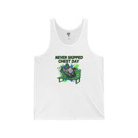 DailyThreadCo. white cotton tank top with a graphic of a muscular pigeon sitting on a green park bench with the text 