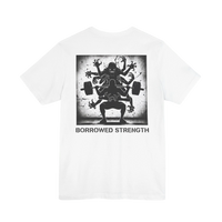 DailyThreadCo. white 100% cotton t-shirt with a graphic back print of a multi-limbed creature assisting a weightlifter with a barbell, text reads 