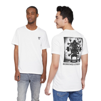 DailyThreadCo. white 100% cotton t-shirt with a graphic back print of a multi-limbed figure lifting weights, text reads 